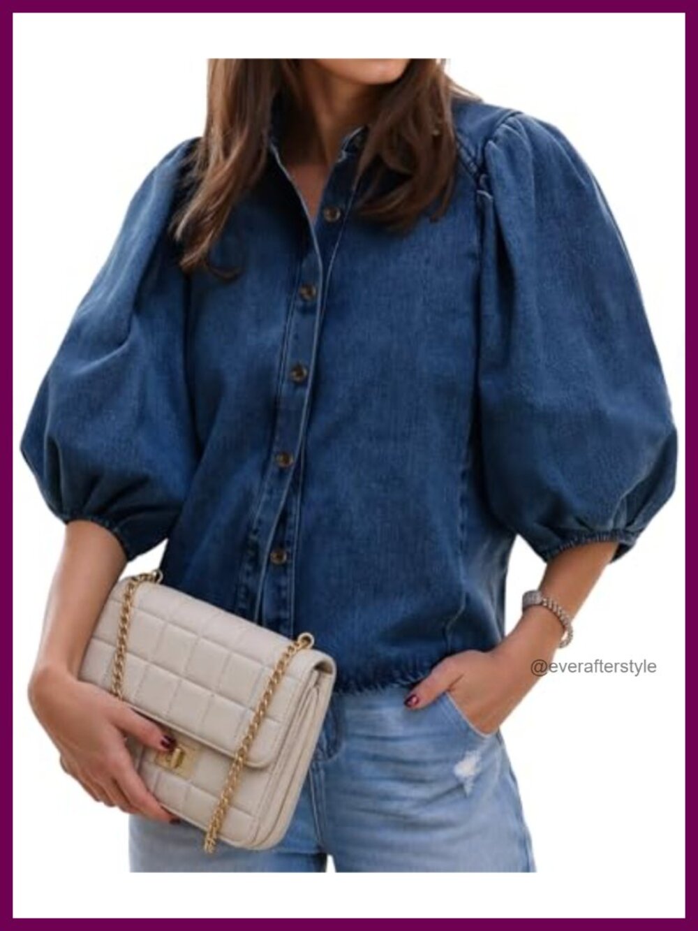 Womens Puff Sleeve Denim Shirt Button Down Lightweight Cotton Blend Jean Jacket